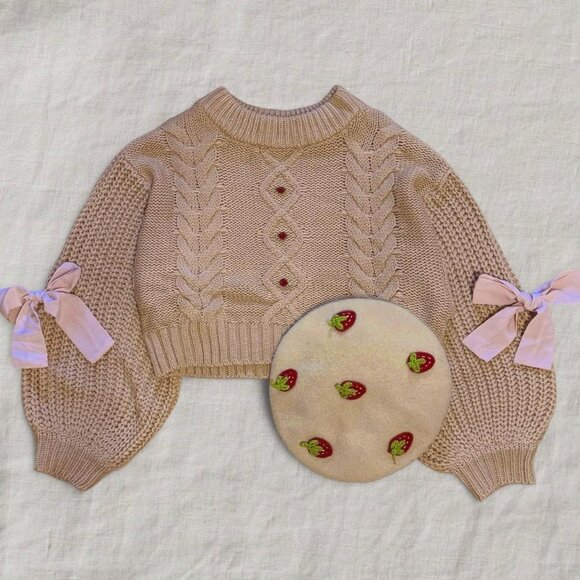 Kawaii Coquette Pink Bow Cream Knit Oversized Sweater - Picture 1 of 2